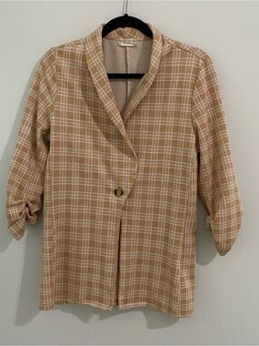 Altar'd State Tan & Cream Plaid Ruched 3/4 Sleeve Blazer Jacket Size Large